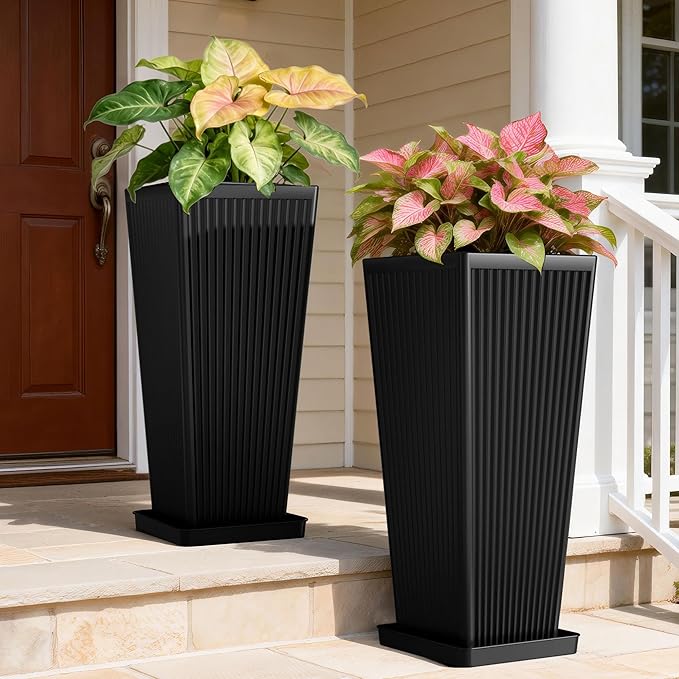 Tapered Tall Planters for Outdoor Plants 2 Pack- 23.6 Inch Square Indoor Flower Pots with Drainage Holes and Partition/Tray Saucers, Large Outdoor Planters for Porch Patio Garden, Black