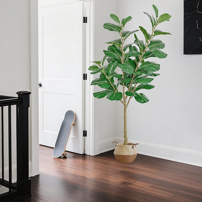 Artificial Fiddle Leaf Fig Tree, 6FT Tall Faux Ficus Lyrata Fake Tree in Black Pot Large Faux Plant for Indoor Outdoor Home, Office, Living Room Decor, Housewarming Gift