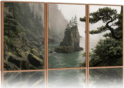 Rantodecor Coastal Forest Framed Canvas Wall Art, Pacific Northwest Coast landscape Wall Decor, Nature PNW Mountain Sea Art Paintings, Sage Green Pine Artwork for Bedroom Living Room Office 16"x24"x3