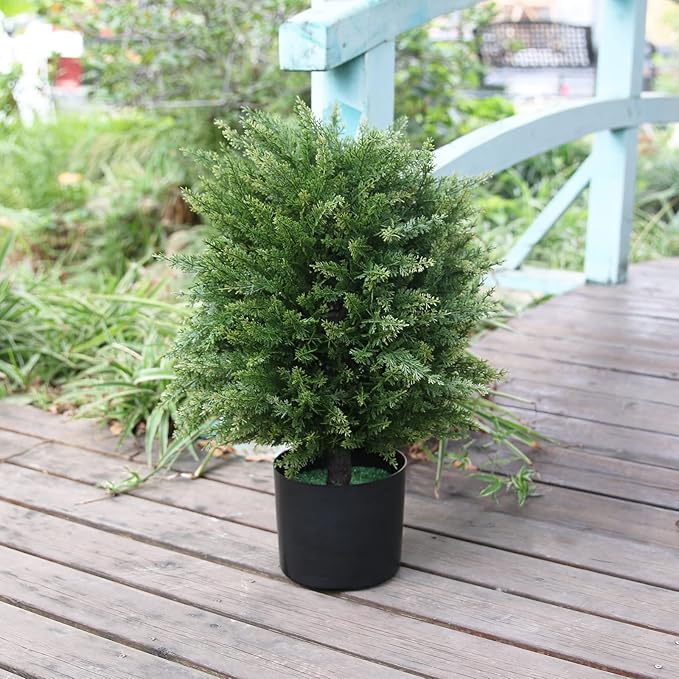 Sunnyglade 19.7” Tall Artificial Cedar Topiary Ball Tree Set of 2 Pack Potted Bushes UV Resistant Potted Plants for Indoor Outdoor Home Garden (Dark Green)