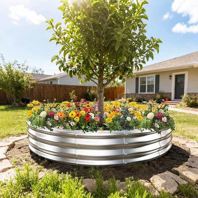 6FT Diameter Galvanized Garden Raised Bed/Plant Box/Fire Pit Ring-0.8mm Thick,12 Inch Tall,Crimped Edge and Corner,No Sharpe,Perfect for Plantings (Silver, 72 Dia X 11.5 inches)