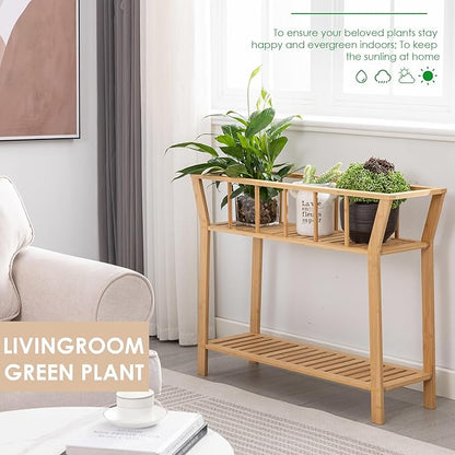 Nnewvante Bamboo Plant Stand Indoor 37.4"x11" 2 Tier Tall Plant Table Shelf Flower Pot Organizer Holder, Sofa Entryway Table for Window-sill Living Room Balcony