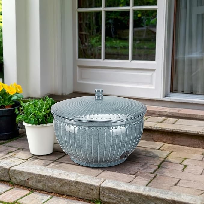 Monarch Abode Garden Hose Holder with Lid – Decorative Water Hose Holders for Outside, Arch Embossed Metal Patina Pot with Drainage, 100ft Waterhose Holder for Outside, Garden Storage Caddy