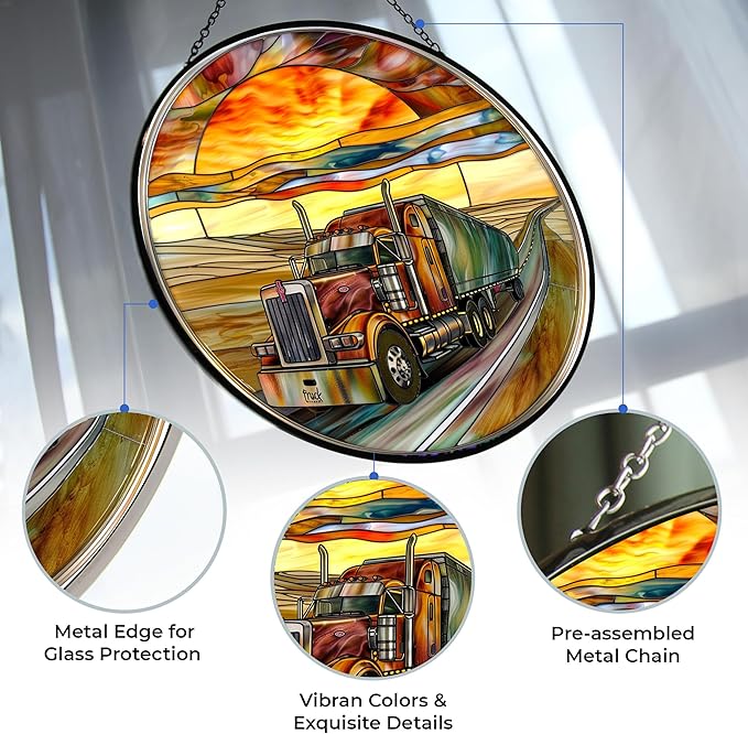 Customized Semi Truck Suncatchers for Windows,6.3” Stained Glass Window Hangings,Hand-Painted Glass Panel Perfect for Home Décor