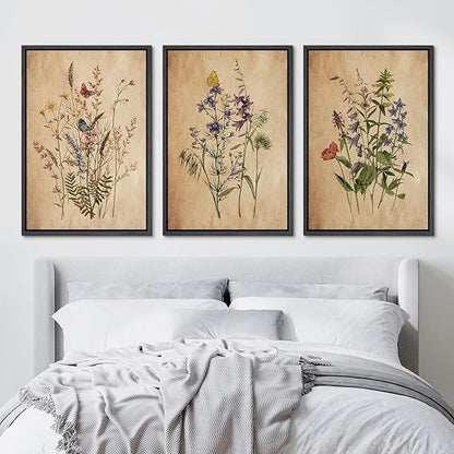 Ashbrook Framed Canvas Print Wall Art Set Vintage Wildflower Bouquet Nature Wilderness Illustrations Modern Art Decorative Floral Botanical Minimal Calm/Relax/Cozy for Bedroom - 24"x36"x3 BLACK
