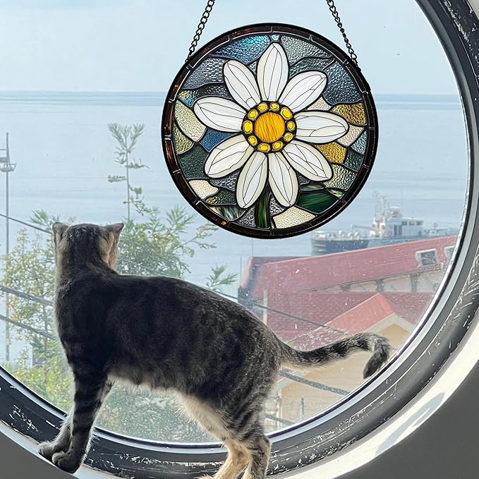 Stained Glass Window Hanging - Yellow White Daisy Birth Flower Suncatcher for Door Garden Yard Sun Catchers Decor Christmas Mother's Day Birthday Gifts for Teacher Women Mom Nana 15 in