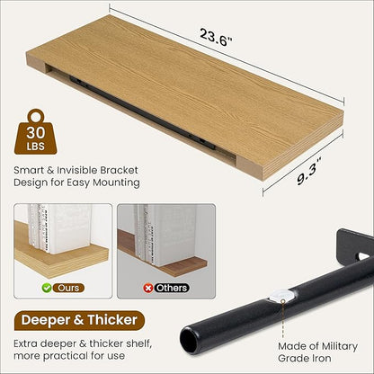 Fun Memories 24 Inch Floating Shelves for Wall, 9 Inch Deep Oak Rustic Wood Wall Mounted Shelves for Bathroom, Kitchen, Living Room, Set of 2
