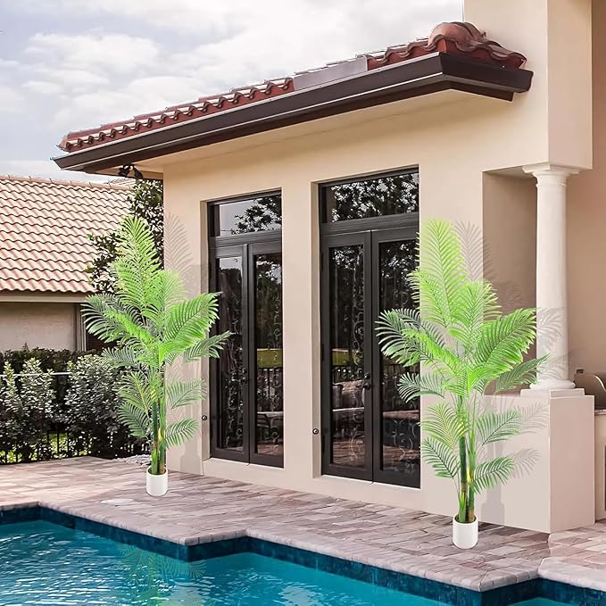 Artificial Fake Palm Tree 7FT 2Pack with White Planter & Free Moss, UV Resistant Artificial Palm Tree for Outdoors, Fake Plants for Poolside Home Room Decor, Faux Plants Outdoor Decor
