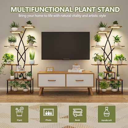 Plant Stand Indoor with Grow Lights - 9 Tiered 66" Tall Metal Plant Shelf, Curved Plant Stand with Adjustable Feets for Multiple Plants, Corner Flower Shelf for Living Room, Patio