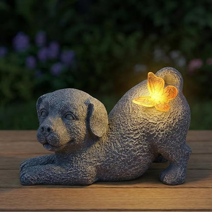Solar Dog Statue with Butterfly Light, Outdoor Puppy Resin Garden Figurine for Patio Yard Lawn, Pet Memorial Gift for Dog Lovers.
