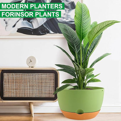 8/8/10/12 Inch Pots for Indoor Plants, 4 Pack Large Self Watering Planters with Drainage and Saucers, Plastic Outdoor Flower Pot(Green)