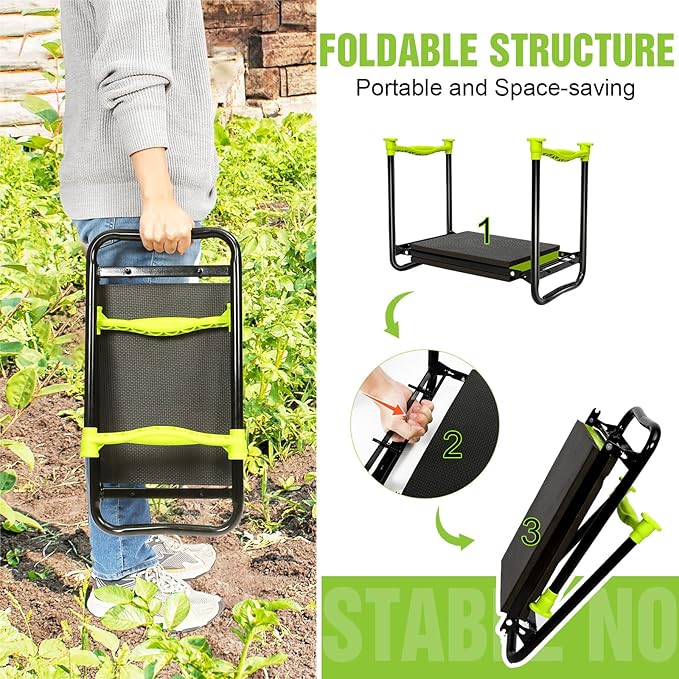 joyhalo 10.8 inch Wider Foldable Garden Kneeler and Seat Heavy Duty, Gardening Stool with Extra-Thick Kneeling Pad, Garden Bench for Kneeling and Sitting, Gardening Gifts for Women