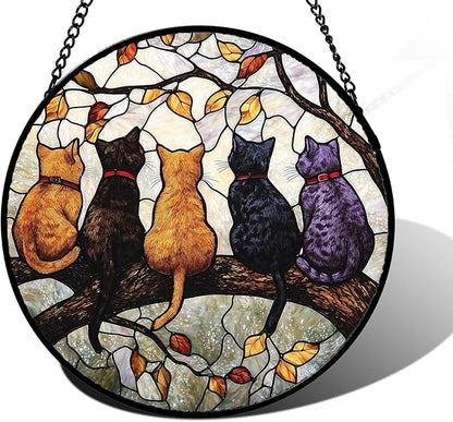 Stained Glass Window Hanging - 5 Cats on a Branch Suncatcher for Window Doors Home Decoration and Christmas, Mother's Day Father's Day Birthday Gifts for Women, Men, and Mom 9.8x9.8 in