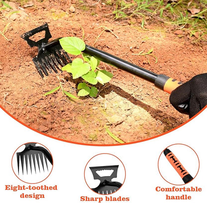 Portable Weed Removal Tool - 8-Prong Manganese Steel with Black Baked Rust-Proof Coating for Garden Lawn Farm, Non-Slip Rubber Handle
