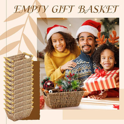 Marsui 12 Pcs Small Hand Woven Wicker Baskets with Wooden Handles, Seagrass Rattan Storage Baskets Bin Organizer Shelf Pantry for Bathroom Storage Towel Kitchen Washroom Gifts Decor, 9" x 6" x 4"