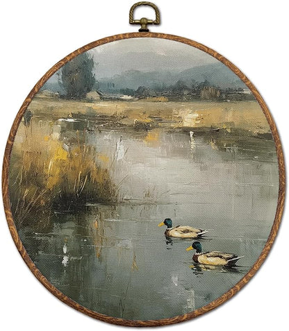 DEQSX Vintage Rustic Countryside Round Wall Art, Nature Cottagecore Lake Landscape Mallard Duck on Pond Wall Decor Canvas Prints Posters for Home Bedroom Living Room, 10x10 Inches