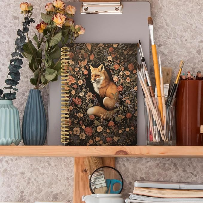 Fox Floral Spiral Notebook, Retro Black Cottagecore Floral Journaling Notebooks for Note Taking, Vintage Flower Aesthetic Hardcover Journals for Women 160 Pages 5.5x8.3 Inch, Fox Gifts for Women