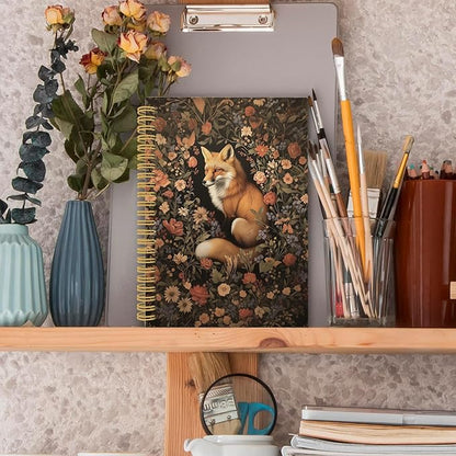 Fox Floral Spiral Notebook, Retro Black Cottagecore Floral Journaling Notebooks for Note Taking, Vintage Flower Aesthetic Hardcover Journals for Women 160 Pages 5.5x8.3 Inch, Fox Gifts for Women