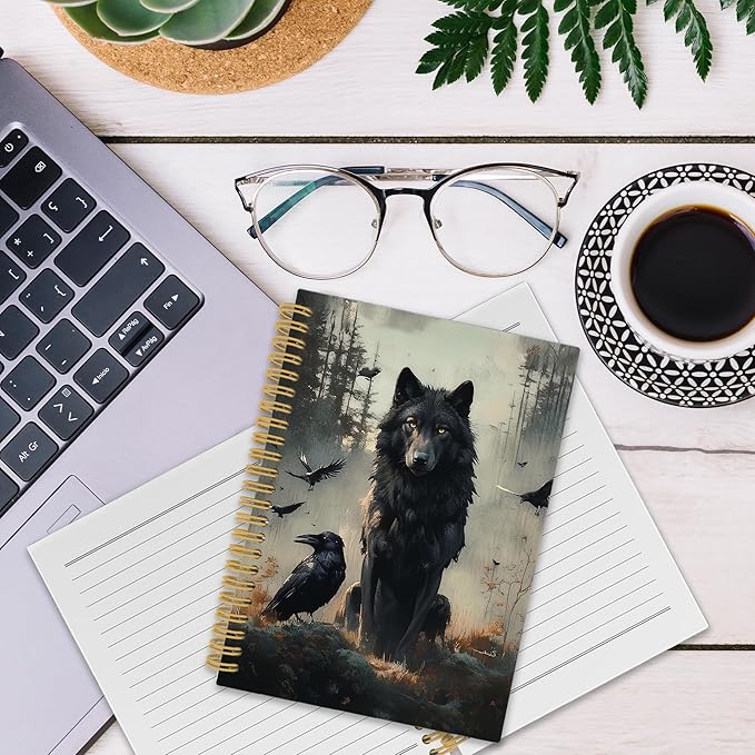XPH Gothic Wolf Raven Spiral Notebook, Wolf Gifts, Crow Gifts Journaling Notebooks for Women, Dark Moody Wild Animal Hardcover Journals for Writing 160 Pages 5.5 x 8.3 Inch, Gothic Office Supplies