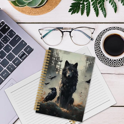XPH Gothic Wolf Raven Spiral Notebook, Wolf Gifts, Crow Gifts Journaling Notebooks for Women, Dark Moody Wild Animal Hardcover Journals for Writing 160 Pages 5.5 x 8.3 Inch, Gothic Office Supplies