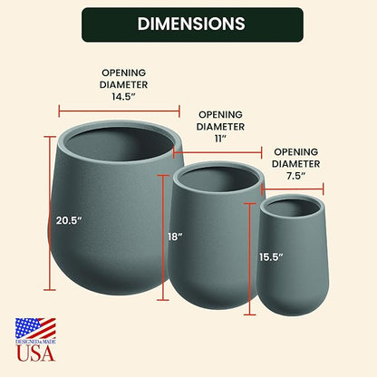 Beuta Large Planters for Outdoor Plants - Set of 3, 15.5/18/20.5 Inches Outdoor Planters for Porch - Tall Planter for Outdoor & Indoor Plants | Large Indoor Plant Pot - USA Made - Grey