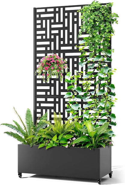 Metal Raised Garden Bed with Trellis, 2-in-1 Planter Box & Privacy Screen for Climbing Plants, Outdoor Standing Flower Bed with Drainage Holes, 35.4" L x 15.7" W x 70.1" H, Black-Helen