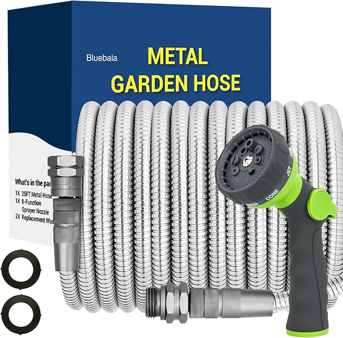 50 FT Stainless Steel Garden Hose – 304 Steel Heavy Duty Metal Hose, No-Kink, Puncture Resistant, Lightweight, Leak-Proof Swivel Fittings, 8-Pattern Nozzle for Garden, Yard, Outdoor Cleaning