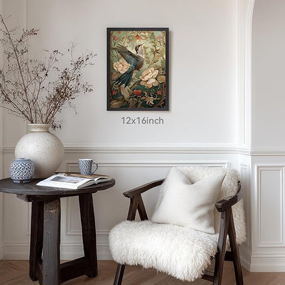 CAZLOUC Vintage Hummingbird Wall Art, William Morris Flower Wall Decor, Nature Floral Aesthetic Picture, Neutral Botanical Canvas Print for Living Room Bedroom Bathroom Office Wood Framed 12x16 Inch