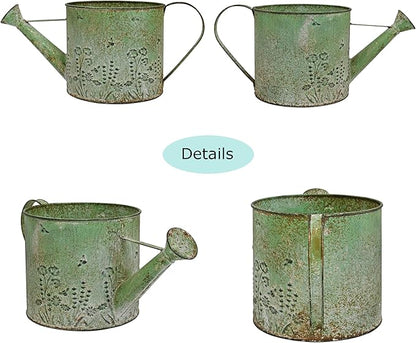Vintage Metal Watering Can with Floral Embossed Design Garden Distressed Green Decorative Watering Pot Planter Rustic Farmhouse Waterer for Home Indoor Outdoor Garden Balcony Courtyard (Green)
