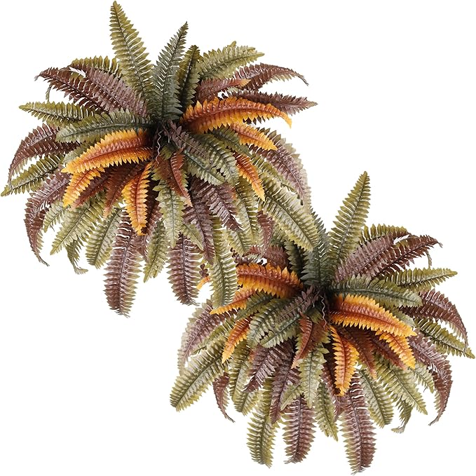 KOL 2-Pack 45in Artificial Boston Ferns, Autumn Faux Fern Bushes with Bendable Stems for Hanging or Floor Display, Living Room Wedding Indoor Outdoor Decor