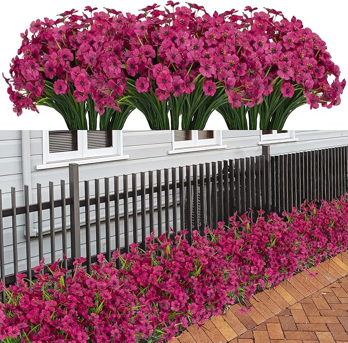 21 Bundles Artificial Outdoor UV Resistant Flowers No Fade Fake Outside Flowers Plastic Greenery Faux Shrubs Garden Porch Window Box Home Decoration(Rose Red)