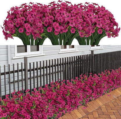 21 Bundles Artificial Outdoor UV Resistant Flowers No Fade Fake Outside Flowers Plastic Greenery Faux Shrubs Garden Porch Window Box Home Decoration(Rose Red)
