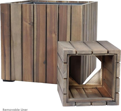 Sunnydaze Indoor/Outdoor Wooden Planter Boxes - 2 Acacia Wood Square Plant Pots with Plastic Liners - Anthracite Stain