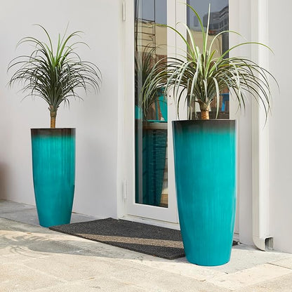 Glitzhome 30" H Tall Outdoor Planter, Set of 2 Large Tall Planters with Gradient Turquoise Faux Ceramic Finish, Plastic Large Flower Pots for Porch Garden Indoor All Season Decor,with Drainage Holes