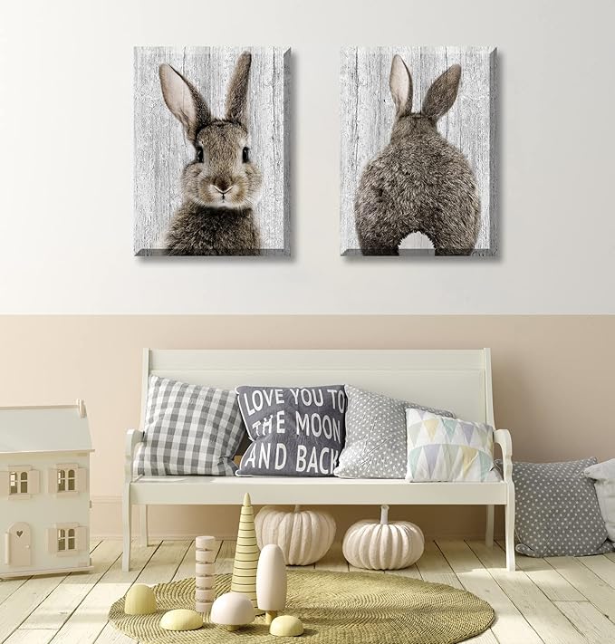 BLINFEIRU Bunny Decor Nursery Wall Art Prints, Brown Lovely Rabbit Pictures for Baby Kids Room Wall Decoration, Cute Easter Animal Canvas Artwork, Framed Ready to Hang 12"x16"x2
