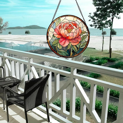 Stained Glass Window Hanging - Pink Peony Floral Suncatcher for Door Garden Yard Birth Flower Sun Catchers Decor Christmas Mother's Day Birthday Gifts for Women Mom Nana Wife Teacher 6.3 in