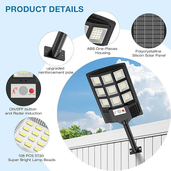 Solar Lights Outdoor,IP66 Waterproof Solar Street Lights Outdoor,6500K LED Dusk to Dawn Security Flood light with Motion Sensor and Remote Control for Yard,Parking Lot, Courtyards,Garages 2-Pack