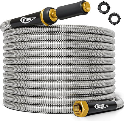 TITAN Garden Hose 100FT - 304 Stainless Steel Metal Water Hose, Flexible, Kink-Free, Lightweight, Durable, Crush Resistant Fittings, Easy to Coil, 500 PSI