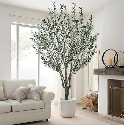 Artificial Olive Tree 8.3FT with 2304 Gray Leaves Realistic Tall Large Faux Silk Deluxe Plant 100 Inch Black Pot for Indoor Home Office Porch Mall School Hotel Modern Decor Housewarming Gift
