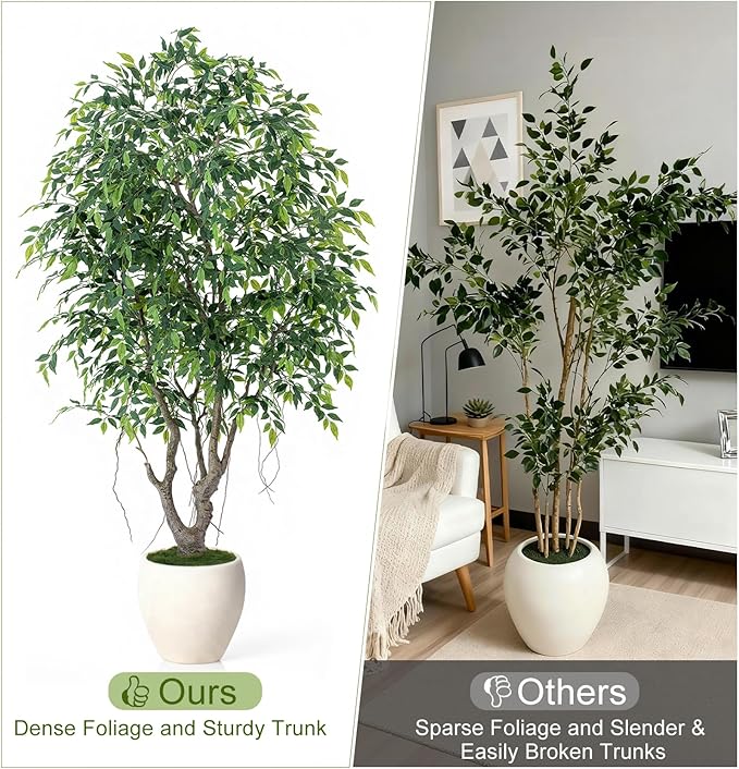 8ft Luxury Ficus Artificial Trees with Natural Curved Trunks, 96" Tall Lush Faux Banyan Tree in Round Artisan Planter for Home Decor Indoor, Large Fake Tree for Big House Home Villa Office