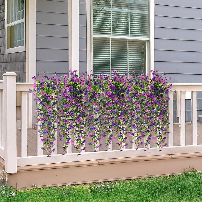 Fake Artificial Hanging Flowers for Outdoors, 2 Pcs Fake Hanging Plant Spring Summer Decor, UV Resistant No Fade Faux Silk Daisy Flower for Front Door Porch Planter Patio Yard Garden(Double Purple)