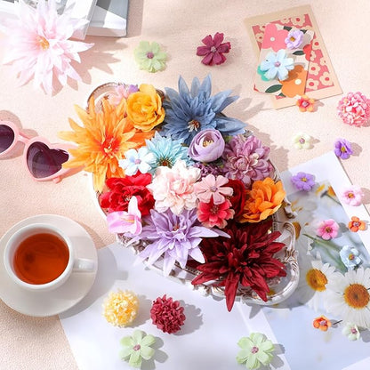 80 Pcs Assorted Fake Flower Heads Mini Artificial Flower Heads Bulk Silk Faux Daisy for Crafts Fake Peony Rose for Wedding Party Wreath Home Decoration(Assorted Color)