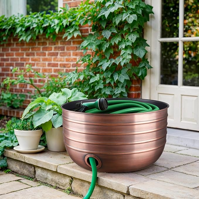 Monarch Abode Garden Hose Holder with Lid – Decorative Water Hose Holders for Outside, Border Embossed Metal Antique Copper Pot with Drainage, 100ft Waterhose Holder for Outside, Garden Storage Caddy