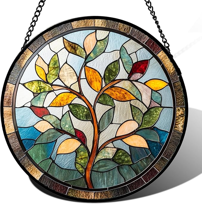 Stained Glass Window Hanging Colorful Tree of Life 7.8" - Plant Leaves Suncatcher Door Garden Sun Catcher Home Decor Birthday Christmas for Mom Men Woman Nana Friend