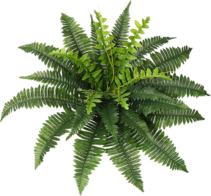 JUSTOYOU 25" Realistic Artificial Boston Fern Bush, 1 Pc with 24 Fronds Faux Fake Ferns UV Resistant Plants for Living Room, Garden, Porch and Front Door Decor