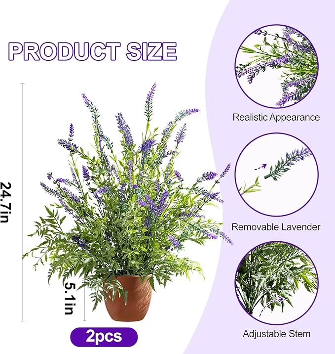 2 Pack Artificial Lavender Plants in Pots Artificial Potted Plants Fake Flower Plant Real Touch Silk Faux Plants Greenery for Indoor Porch Patio Greenery Farmhouse Garden Office Decor (Type 4)