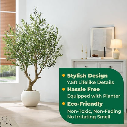 7.5 FT Large Luxury Artificial Olive Tree, Tall Faux Olive Tree with White Pot, Extra Lush Stereoscopic Shape, 5 Minutes Easy Set-up, Realistic Trunks and Lifelike Leaves & Fruits, Home Office Décor