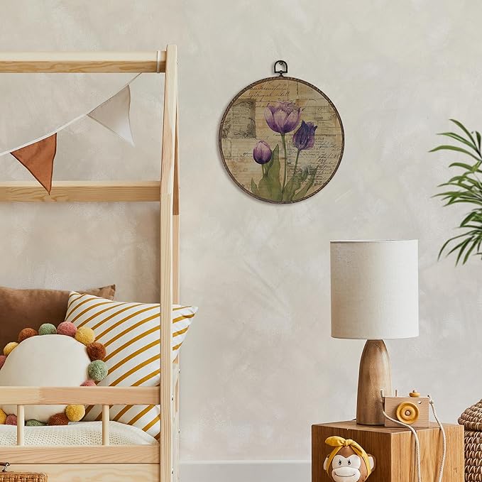 XNXLDYLH Vintage Purple Flower Round Framed Wall Art Decor, Rustic Retro Earthy Floral Bathroom Hanging Wall Decor Decorations, Botanical Tulip Canvas Prints Wall Art Pictures Paintings, 10x10 Inch