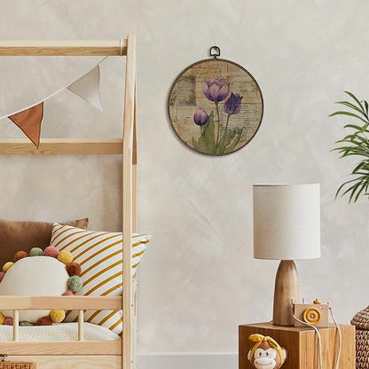 XNXLDYLH Vintage Purple Flower Round Framed Wall Art Decor, Rustic Retro Earthy Floral Bathroom Hanging Wall Decor Decorations, Botanical Tulip Canvas Prints Wall Art Pictures Paintings, 10x10 Inch