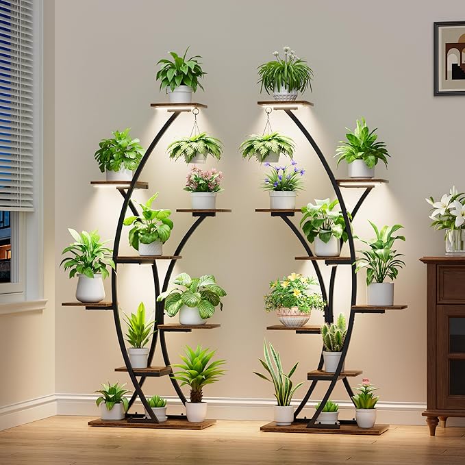 Plant Stand Indoor with Grow Lights: 64" 2 Pack Large Plant Stands, 8 Tiered Curved Plant Shelf for Indoor Plants Multiple, Tall Lighted Corner Display Stands, Flower Holder for Living Room, Patio